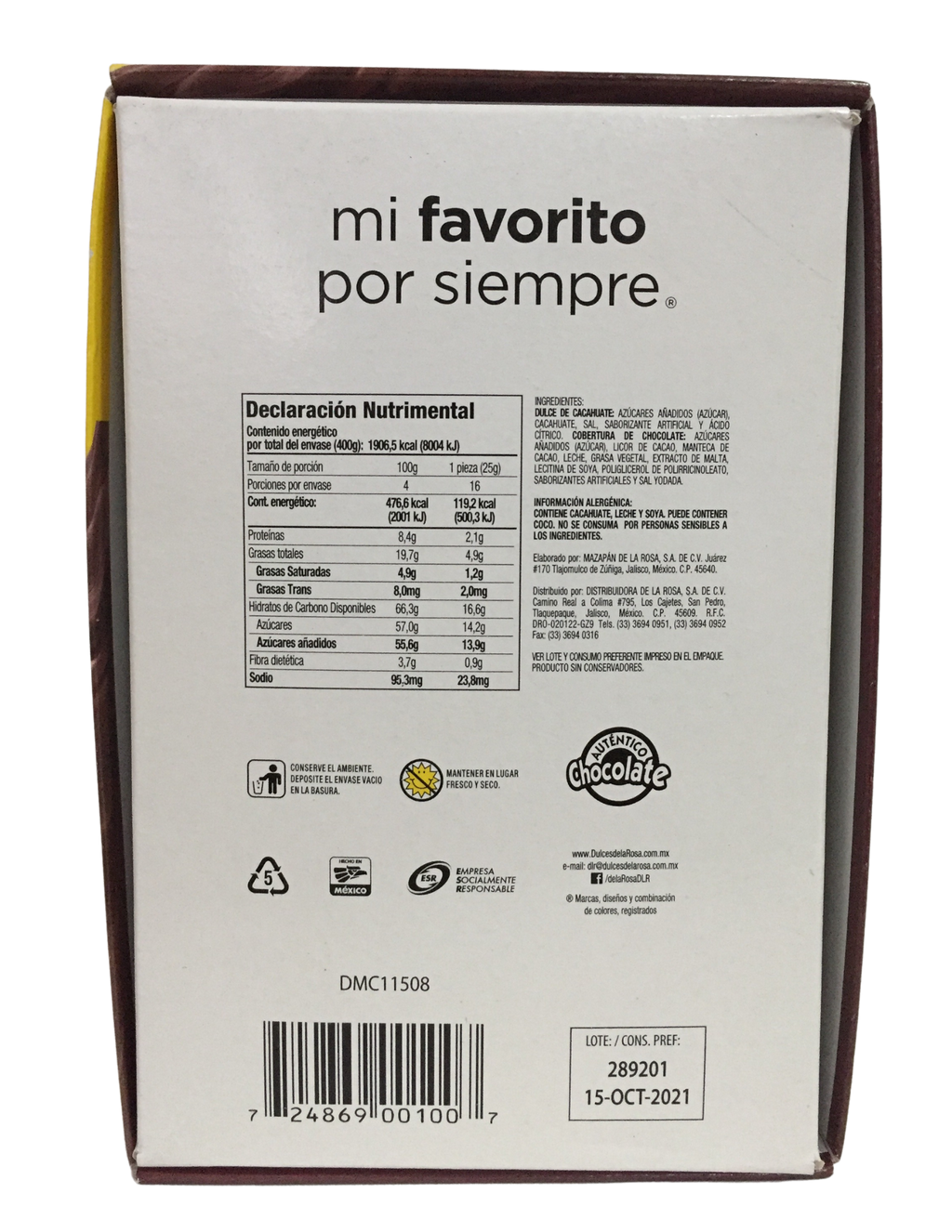 De la Rosa Mazapan - Cacahuate con Chocolate - Envasado - Unidad - 1 - 16 - 400 g - cacahuate
