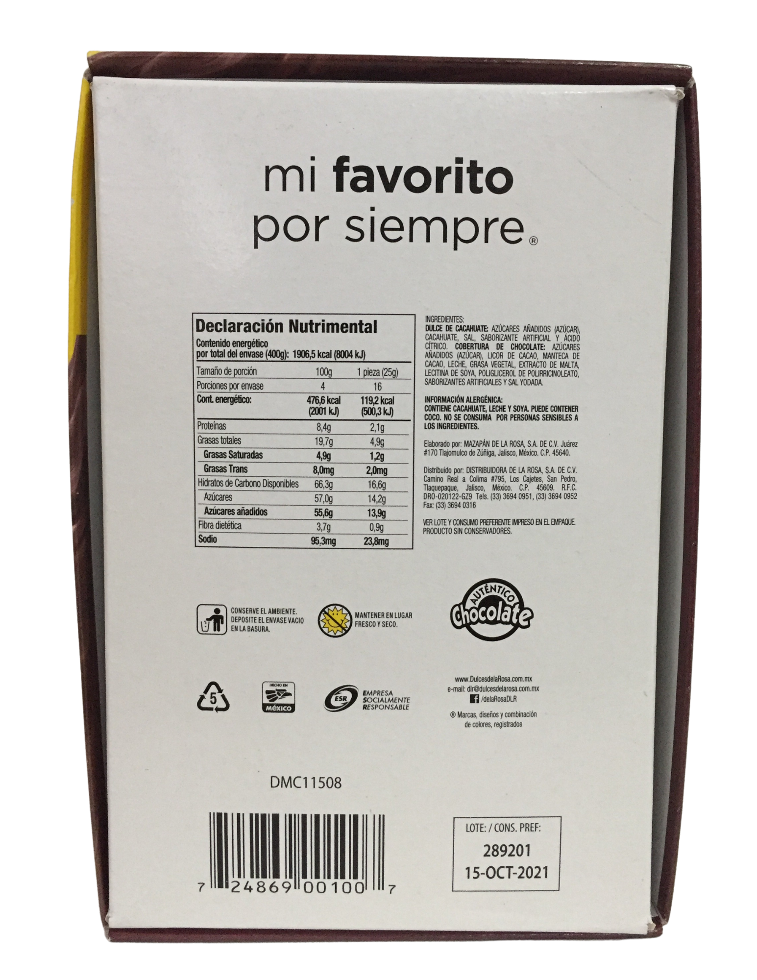 De la Rosa Mazapan - Cacahuate con Chocolate - Envasado - Unidad - 1 - 16 - 400 g - cacahuate